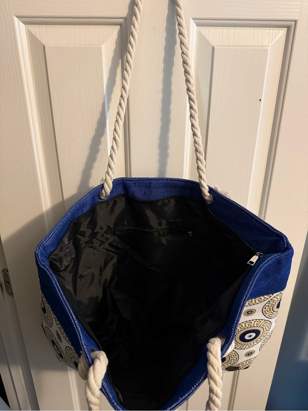 Greek Key Design Evil Eye Blue/Beige Themed 
22"x15" Tote
Imported from Greece - Picture 2 of 3
